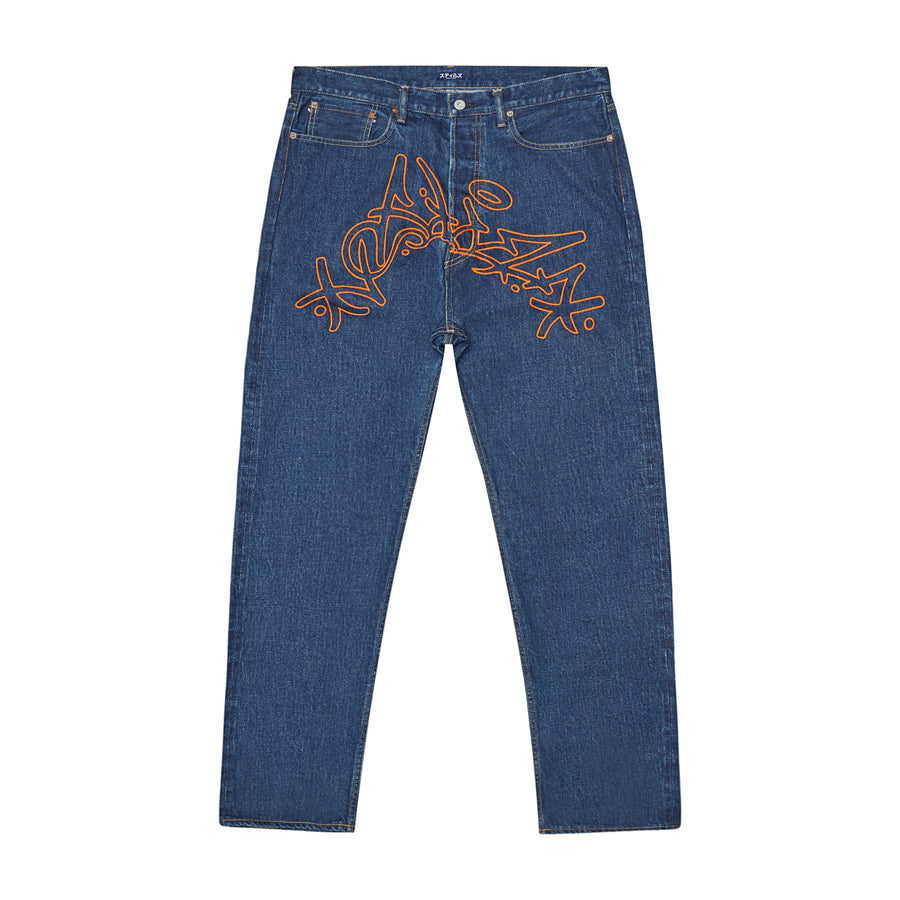 ENZYME WASH DENIM JEANS W/ ORANGE CHAINSTITCH EMBROIDERY