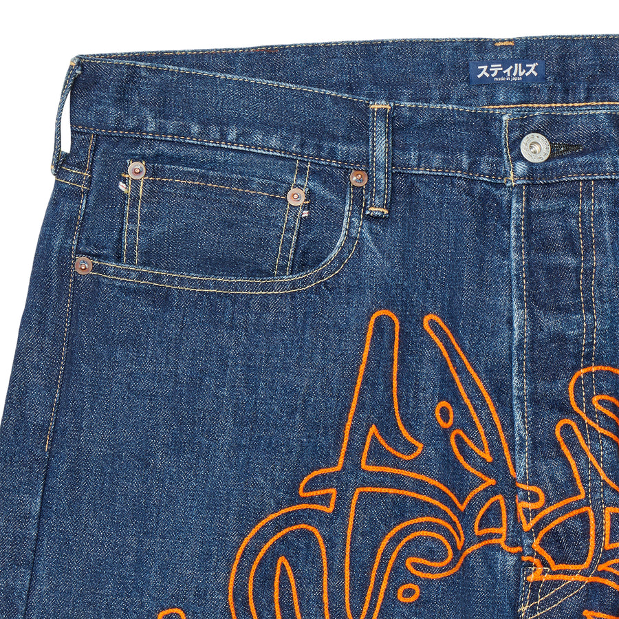 ENZYME WASH DENIM JEANS W/ ORANGE CHAINSTITCH EMBROIDERY