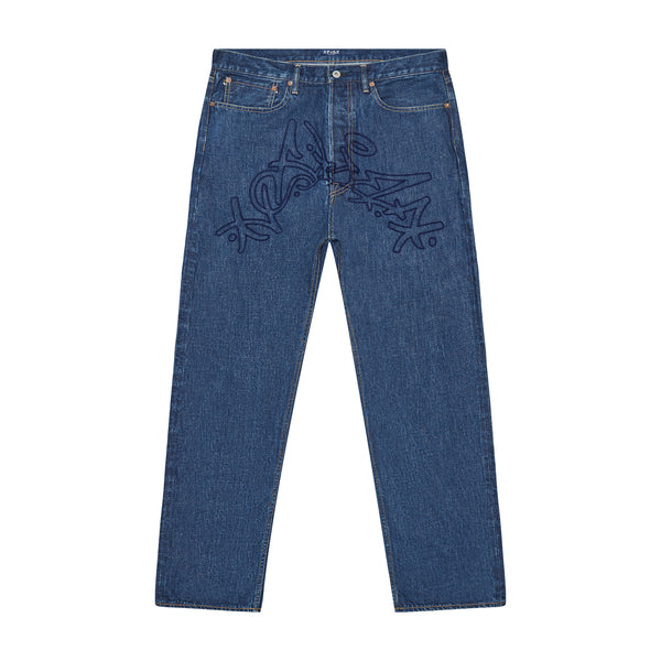 ENZYME WASH DENIM JEANS W/ BLUE CHAINSTITCH EMBROIDERY