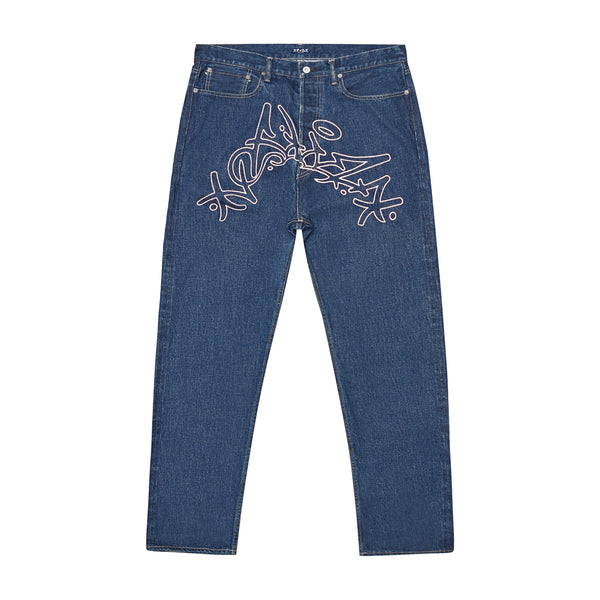 ENZYME WASH DENIM JEANS W/ CREAM CHAINSTITCH EMBROIDERY