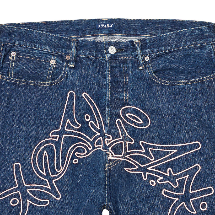 ENZYME WASH DENIM JEANS W/ CREAM CHAINSTITCH EMBROIDERY